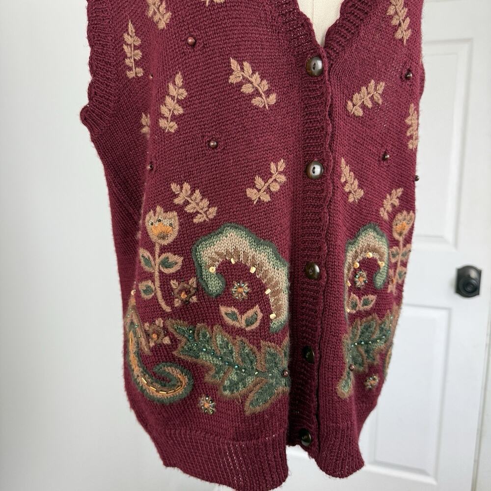 VTG 90s Koret Paisley Embroidered Sweater Vest Women S Knit‎ Bead Sequin Grandma - Picture 4 of 12